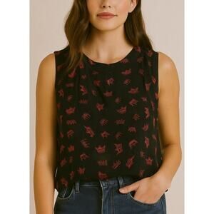 Piamita Womens Silk Sleeveless Crown Graphic Motif Blouse Large Red Black Retro